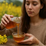 Žena nalieva repkový med do misky na pozadí kvetov repky.