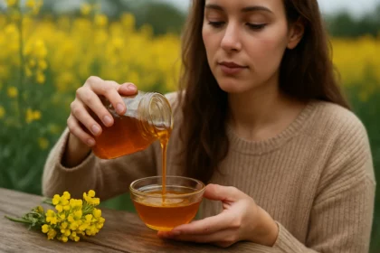 Žena nalieva repkový med do misky na pozadí kvetov repky.