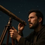 Muž pozoruje nočnú oblohu cez historický Galileov ďalekohľad