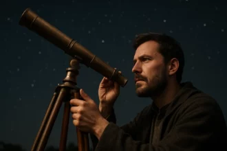 Muž pozoruje nočnú oblohu cez historický Galileov ďalekohľad