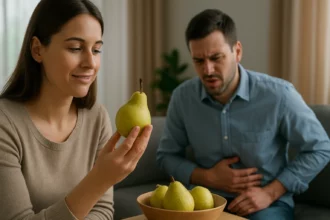 Žena skúma hrušku, muž má bolestivý výraz kvôli nadúvaniu.