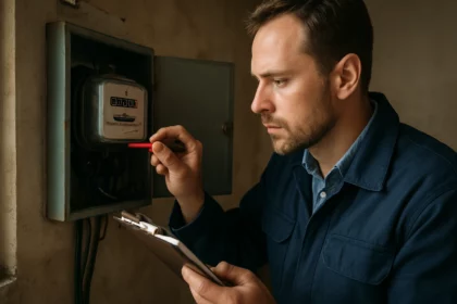 Muž kontroluje elektromer a meria spotrebu elektrickej energie.