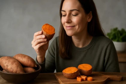 Žena si vychutnáva batáty bohaté na vitamíny a živiny.