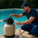 Muž kontroluje pieskový filtračný systém pri bazéne.