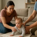 Mama s dieťaťom pri fyzioterapii pomocou Dévényovej metódy.