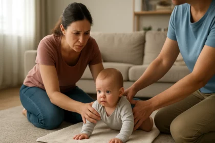Mama s dieťaťom pri fyzioterapii pomocou Dévényovej metódy.