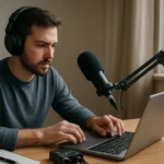 Muž pracujúci na spustení internetového rádia s mikrofónom