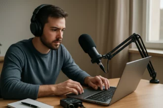 Muž pracujúci na spustení internetového rádia s mikrofónom