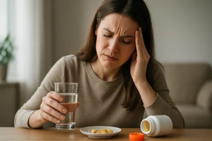 Žena potýkajúca sa s bolesťou hlavy po užití vitamínu C