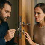 Muž opravuje dverový zámok, žena sleduje so znepokojením.