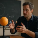 Muž ukazuje na model slnečnej sústavy a vysvetľuje gravitáciu.