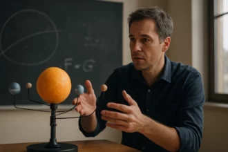Muž ukazuje na model slnečnej sústavy a vysvetľuje gravitáciu.