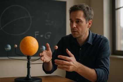 Muž ukazuje na model slnečnej sústavy a vysvetľuje gravitáciu.