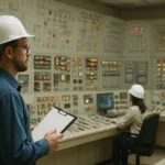 Odborníci pracujúci v riadiacej miestnosti jadrovej elektrárne.