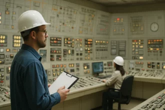 Odborníci pracujúci v riadiacej miestnosti jadrovej elektrárne.