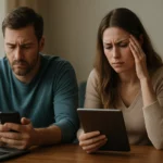 Mladý pár znepokojený technológiami a internetom