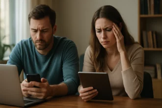 Mladý pár znepokojený technológiami a internetom