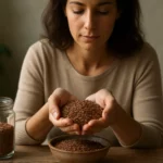 Žena s ľanovými semienkami v rukách na drevenom stole