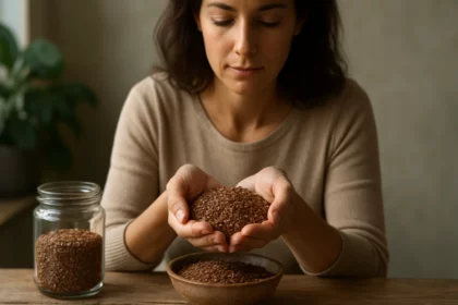 Žena s ľanovými semienkami v rukách na drevenom stole