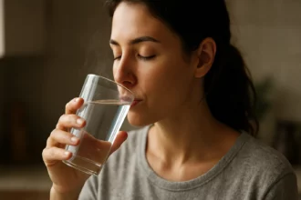 Žena pije teplú vodu z pohára, podporuje výhody zdravia.