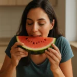 Žena si vychutnáva plátok vodného melónu v interiéri kuchyne.