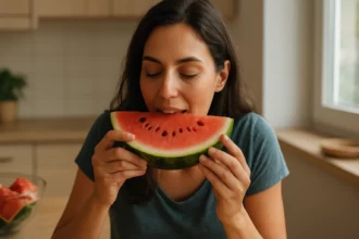 Žena si vychutnáva plátok vodného melónu v interiéri kuchyne.