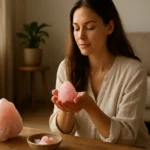 Žena s ruženínovým kryštálom pri meditácii v útulnom prostredí.