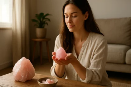 Žena s ruženínovým kryštálom pri meditácii v útulnom prostredí.