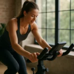 Žena cvičí na stacionárnom bicykli v svetlej miestnosti s oknami.