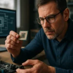 Muž skúma procesor a základnú dosku na pracovnom stole