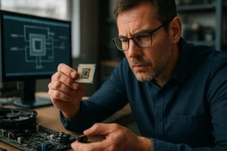 Muž skúma procesor a základnú dosku na pracovnom stole