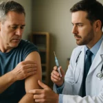 Lekár aplikuje steroidné injekcie pacientovi na zmiernenie bolesti.