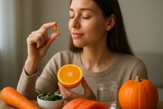 Žena drží kapsulu vitamínu A a čerstvé ovocie pri stole.