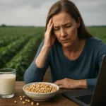 Žena s otázkami o sóje sedí pri stole s jedlom a laptopom.