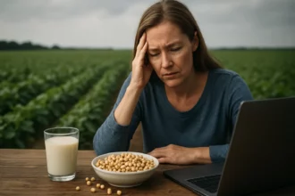 Žena s otázkami o sóje sedí pri stole s jedlom a laptopom.