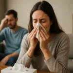 Žena s chrípkou typu A fúka si nos s obrúskom, muž s bolestivým výrazom v pozadí.