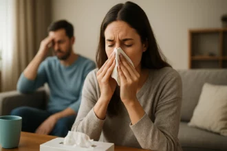 Žena s chrípkou typu A fúka si nos s obrúskom, muž s bolestivým výrazom v pozadí.