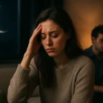 Žena s bolestným výrazom počas nového mesiaca, za ňou polmesiac.