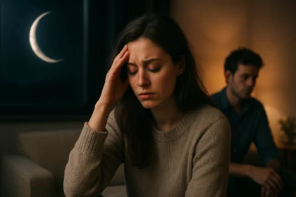 Žena s bolestným výrazom počas nového mesiaca, za ňou polmesiac.