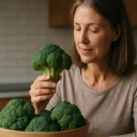 Žena skúma čerstvú brokolicu v kuchyni.