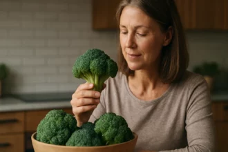 Žena skúma čerstvú brokolicu v kuchyni.