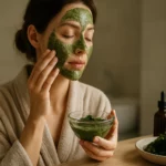 Žena s maskou na tvári z extraktu z rias, v pohodlnom župane.