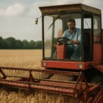 Žena riadi mláťačku na zlatom poli obilia.