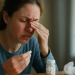 Žena užívajúca liek proti alergii, zobrazený loratadín