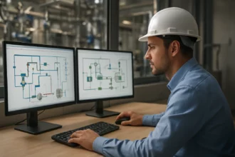 Technik analyzujúci diagramy riadeného prúdu na dvoch obrazovkách