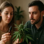 Žena s olejom z kanadskej konopy a muž obdivujúci rastlinu