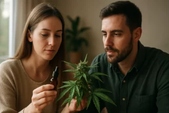 Žena s olejom z kanadskej konopy a muž obdivujúci rastlinu