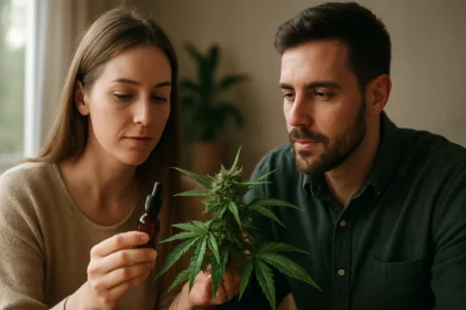 Žena s olejom z kanadskej konopy a muž obdivujúci rastlinu