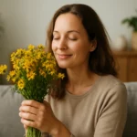 Žena s ľubovníkom bodkovaným, zlepšuje náladu a podporuje zdravie