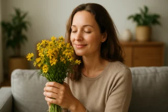 Žena s ľubovníkom bodkovaným, zlepšuje náladu a podporuje zdravie